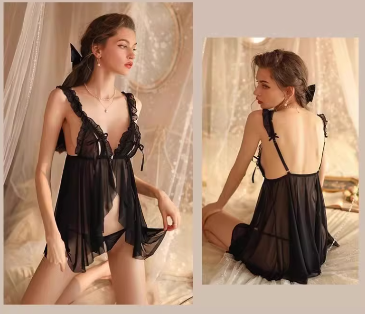 Fluffy Floral Lace Deep-V-Neck Lingerie