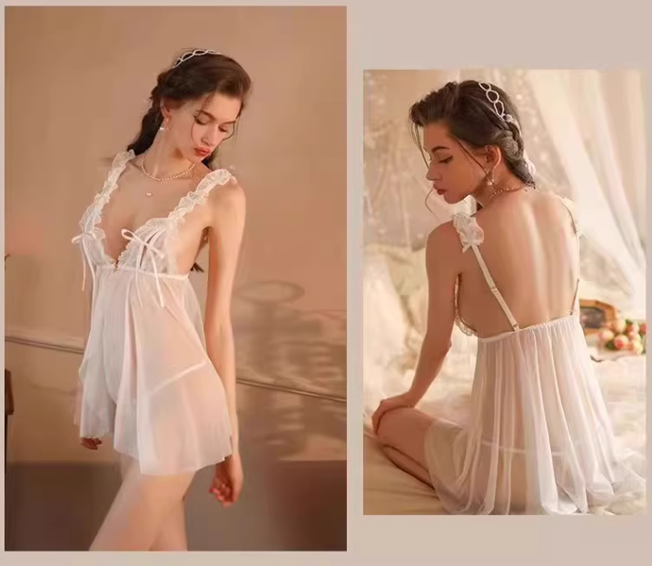 Fluffy Floral Lace Deep-V-Neck Lingerie